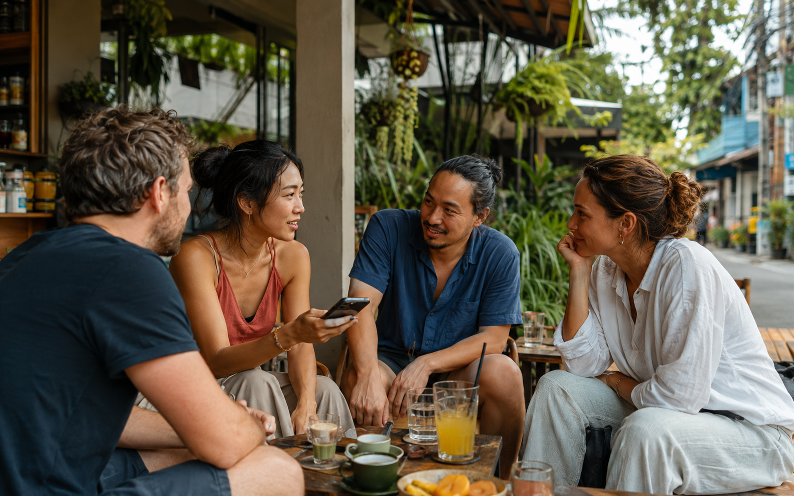 People chatting and looking at a phone in an outdoor cafe